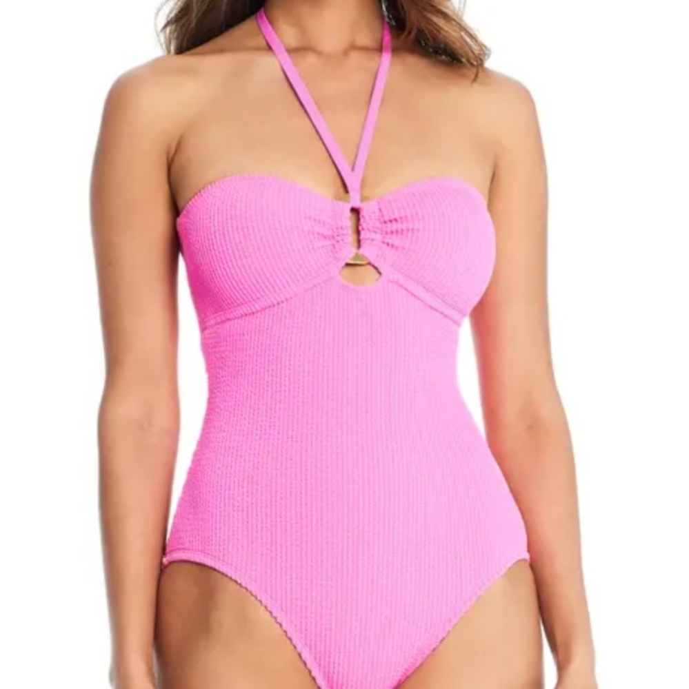 Bleu Rod Beattie Swimsuit 14 Pale Pink PuckerUp Bandeau Ribbed One Piece New$125